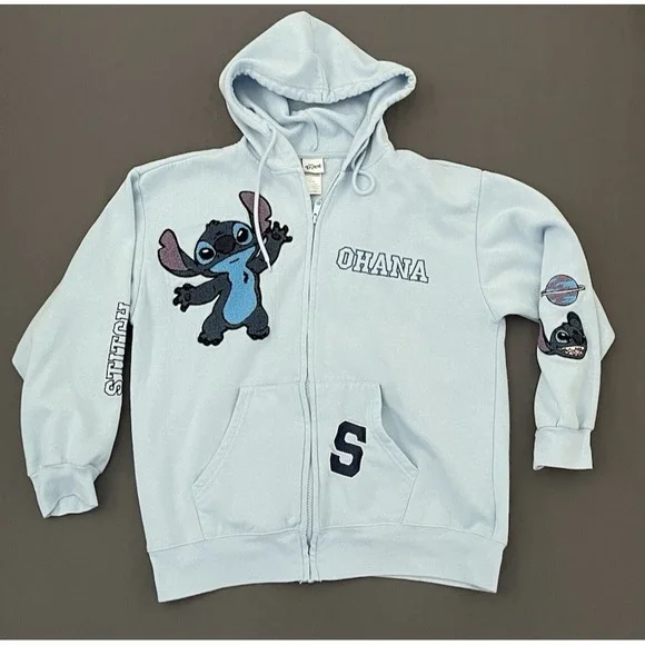 STITCH Disney Ohana Lilo & Stitch Light Blue Hooded Full Zip Jacket Size Large - Picture 2 of 9